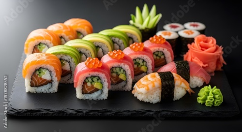 Close up shot of assorted sushi rolls and nigiri on black stone plate wasabi decoration