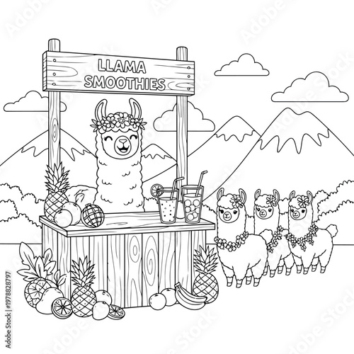 Black and white coloring page of llamas selling smoothies at a fruit stand with mountains in background.