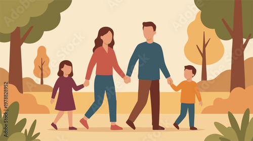 Family of Four Strolling Hand-in-Hand in a Sunny Autumn Park