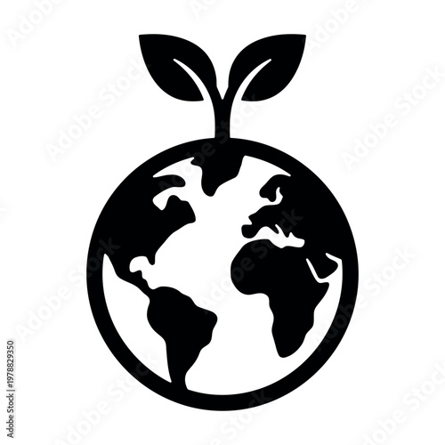 Earth with sprouting leaves black silhouette icon Keywords: earth, globe, planet, world, nature