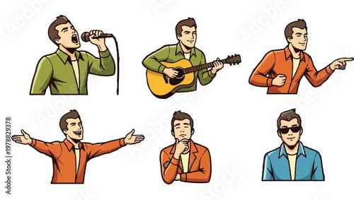 Man performing various activities singing playing guitar gesturing and contemplating