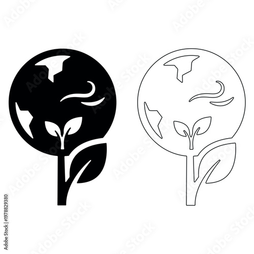 Earth tree icon black and white vector illustration Keywords: earth, tree, globe, planet, world