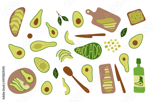 Set of avocado in different forms (whole, half, sliced, cut, oil, toast). Concept of healthy eating, fresh ingredients, plant based diet and modern food lifestyle.