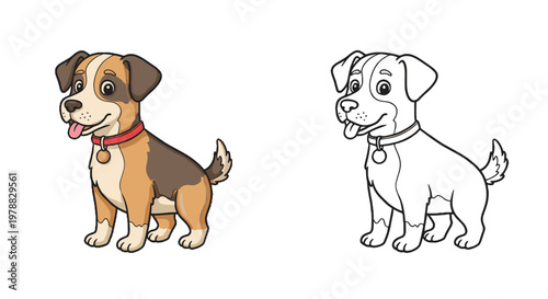 Cartoon dog illustration with colored and outline versions  