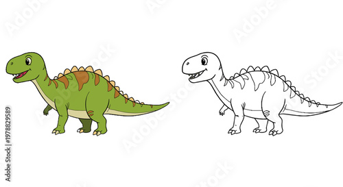 Cartoon dinosaur illustration with color and outline versions  