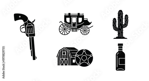 A collection of black silhouette icons depicting elements of the american old west and frontier life