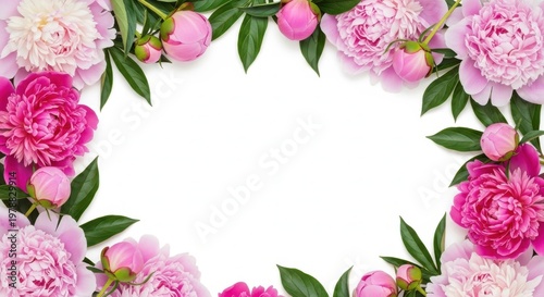 Peony flower frame with pink and white blooms on white background for spring wedding invitation or mother's day greeting card
