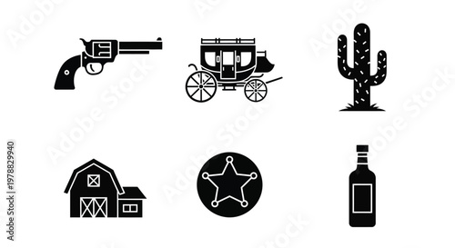 A collection of black silhouette icons depicting elements of the american wild west aesthetic