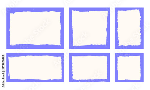 Set of 6 lavender hand drawn brush stroke frames with artistic paint texture on white background. Vector rectangular, square borders for invitations and photo decoration.
