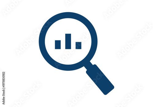Icono lupa de color azul enfocando un gráfico de barras para análisis y supervisión de datos
