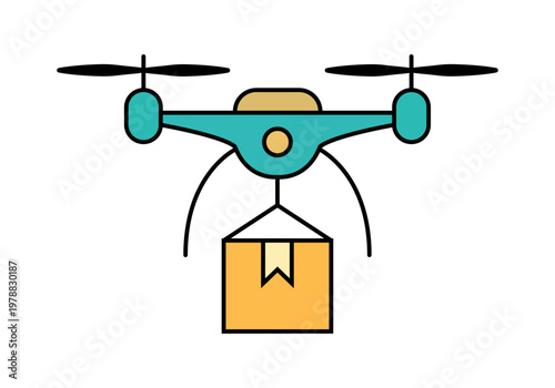 Dron de mensajería azul transportando un paquete de cartón para entregas rápidas