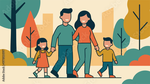 Happy family walking in park, minimalist flat vector illustration
