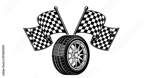 A graphic illustration displays two checkered flags flanking a detailed racing tire symbolizing speed and victory