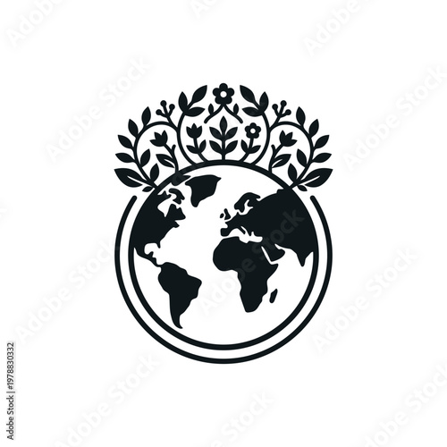 Earth globe with decorative floral crown and leaves