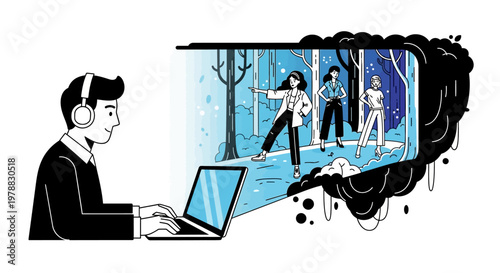 Man using laptop with imaginative virtual reality scene.