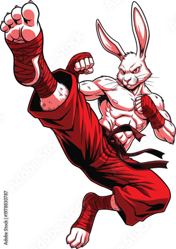 Martial arts trained rabbit kicking high.