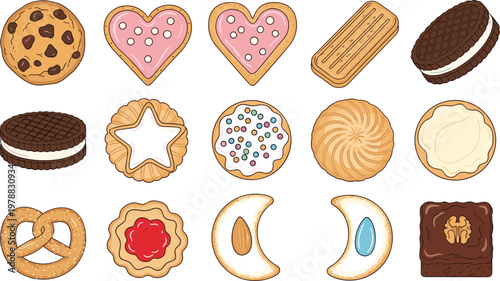 Bakery cookies and biscuits vector set featuring sweet pastries, chocolate treats, and assorted dessert snacks in hand drawn style