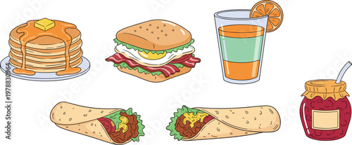 Breakfast and fast food vector set featuring pancakes, sandwich, wraps, juice, and jam in colorful hand drawn style illustration