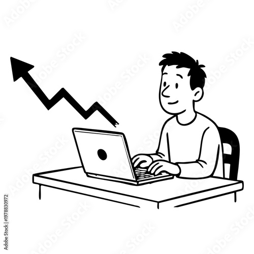 A cartoon man working on a laptop with a rising graph