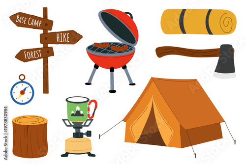 Camping equipment set with tent, barbecue grill, axe and hiking signpost. Outdoor adventure objects including tourist tent, portable gas burner with mug, compass, wooden log, rolled sleeping mat.