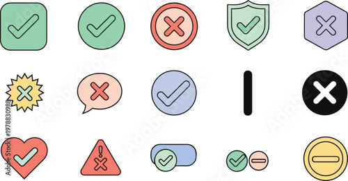 Check mark and cross icon set vector with approval, rejection, validation, and user interface symbols in modern flat design