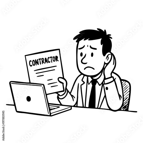 A stressed businessman reviews a contractor agreement on his laptop
