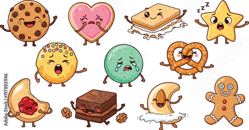 Cute bakery dessert cartoon characters vector set with cookies, pretzels, cakes, and sweet treats in kawaii style illustration