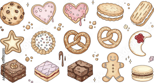 Cute bakery sweets vector set with cookies, pretzels, gingerbread, macarons, and desserts in hand drawn cartoon style illustration