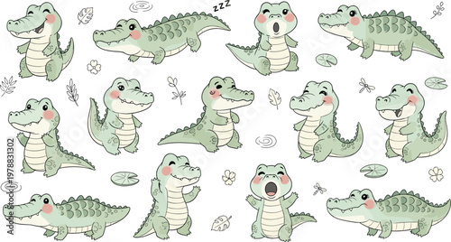 Cute crocodile cartoon characters vector set with different poses, emotions, and expressions in playful hand drawn style illustration