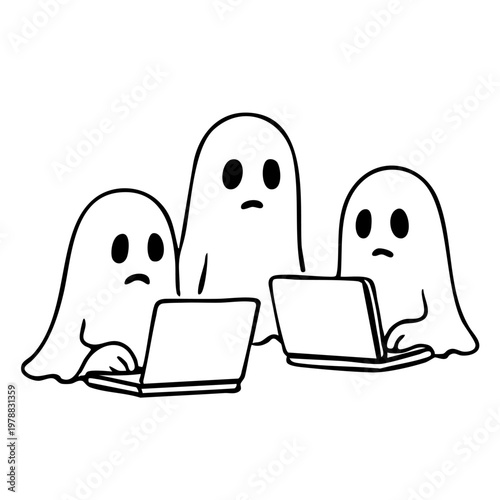 Three ghosts sitting with laptops looking sad and concerned