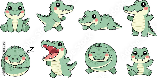 Cute crocodile cartoon characters vector set with funny poses, emotions, and adorable baby alligator illustrations in playful style