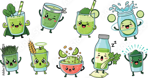 Cute green smoothie cartoon characters vector set with healthy drinks, vegetables, and funny emotions in playful style illustration