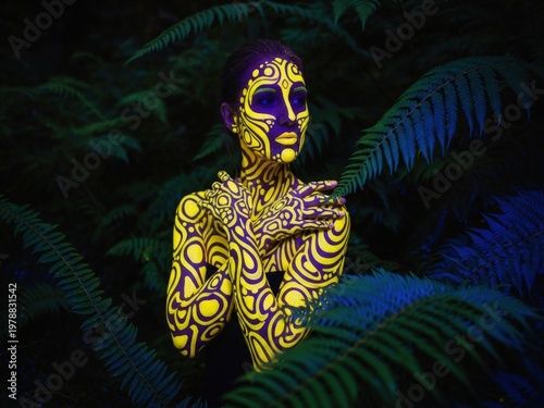A person adorned in intricate, glowing yellow and purple body paint, posing amidst dark, lush ferns in a mystical, forest-like setting.