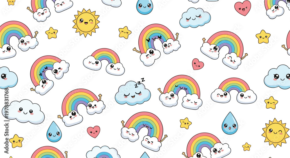 Fototapeta premium Cute rainbow and cloud seamless pattern vector with sun, stars, hearts, and kawaii sky elements in playful style illustration