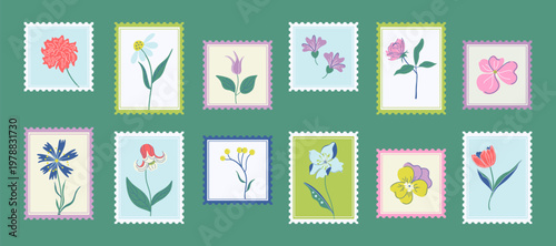 Postage stamps collection with flowers. Beautiful floral set.  Botanical prints for greeting card, textile, invitation. Hand drawn flat design vector illustration.