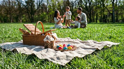 Eastertide picnic on the first green grass. A blanket, a basket, an Easter cake, fresh spring flowers. Laughing people, out of focus, in the background.