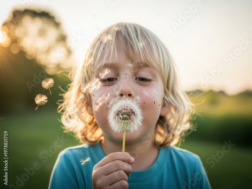 A blond child blows on a dandelion clock, seeds fluttering in the golden sunset light of a tranquil meadow.