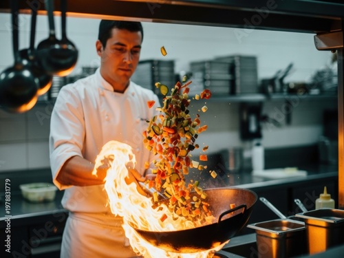 A professional chef tosses chopped vegetables in a wok over a high flame in a commercial kitchen, creating a dynamic culinary scene.