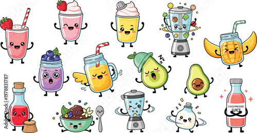 Cute smoothie and juice cartoon characters vector set with fruits, blender, and healthy drinks in colorful kawaii style illustration