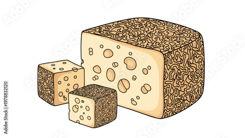 Large wedge and cubes of marbled cheese featuring unique intricate patterns and small air holes on white.