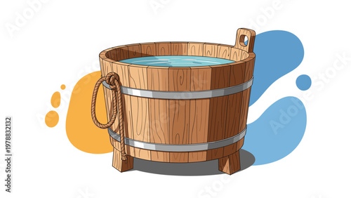 Rustic wooden bucket filled with clear water featuring iron bands, a rope handle, and colorful abstract shapes.