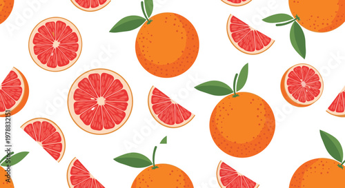 Seamless orange and grapefruit citrus pattern vector with whole fruits, slices, and green leaves on light background