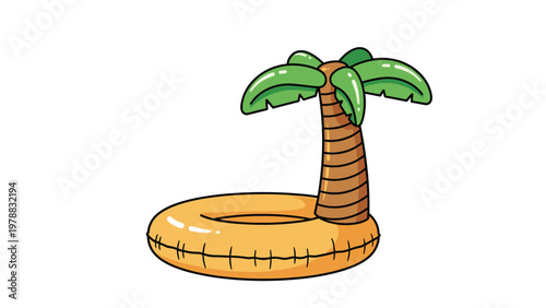 Inflatable pool float shaped like a yellow ring with a small palm tree attached for summer water fun and swimming.
