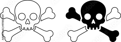 A graphic illustration of a skull and crossbones in both line art and solid black and white.