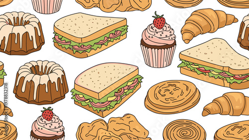 Colorful seamless pattern showcasing a delicious assortment of sandwiches, cupcakes, croissants, and various pastries for a food background.