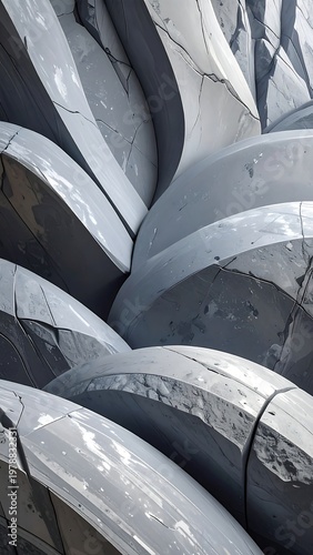 Close-up of large, textured, overlapping forms with cracks, creating a swirling, abstract pattern in grayscale tones