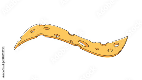Wavy and thin slice of yellow Swiss cheese with characteristic holes isolated on a white background for food design projects and menus.