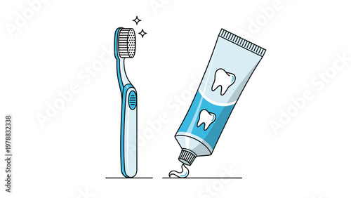 Blue and white toothbrush standing next to a tube of toothpaste with a small squeeze on a flat surface for daily dental hygiene.