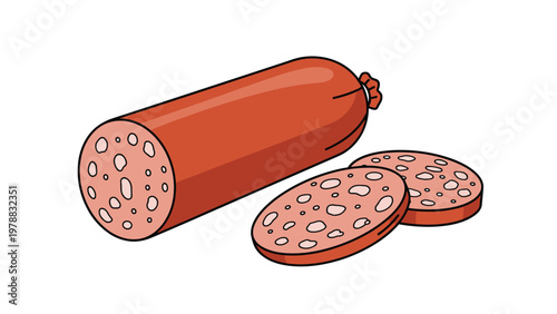 Large piece of seasoned salami sausage alongside two round slices showing the marbled meat texture on a plain white background.