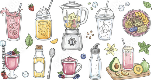 Smoothie and juice preparation vector set with blender, fresh fruits, healthy drinks, and kitchen elements in hand drawn style
